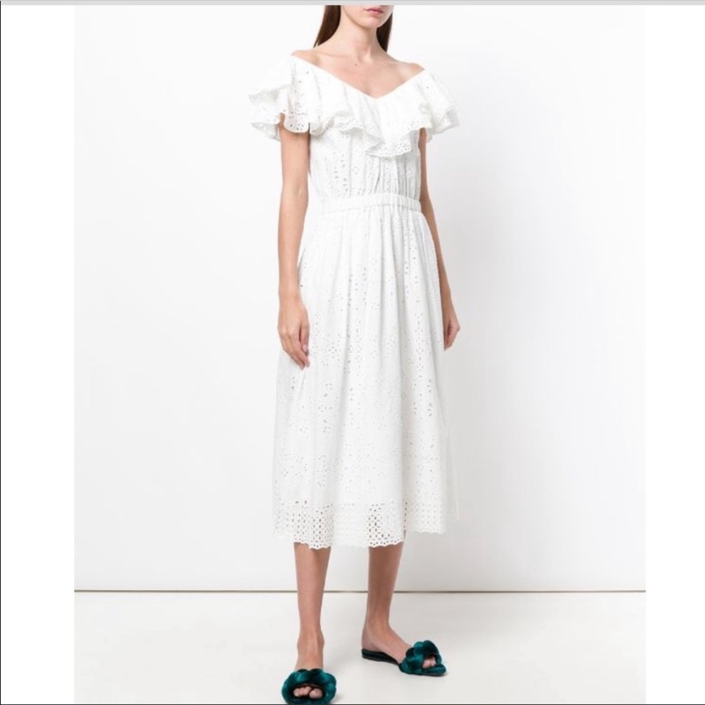 Loveshackfancy Liz Broderie Anglaise Off Shoulder Ruffle Eyelet White Midi Dress